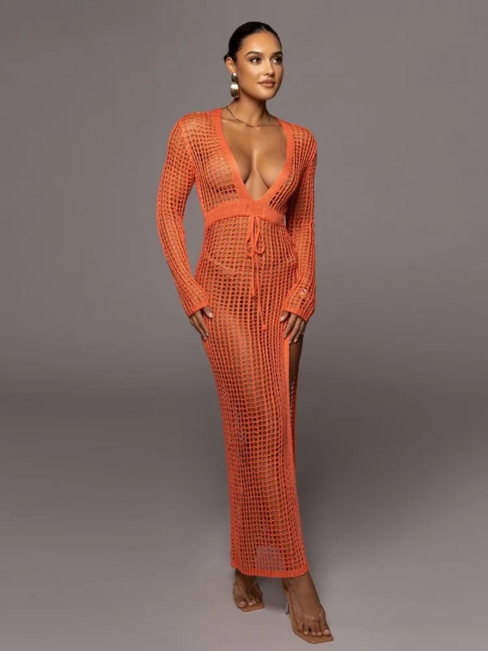 JLUXLABEL Coral-Orange Crochet Maxi Cover up